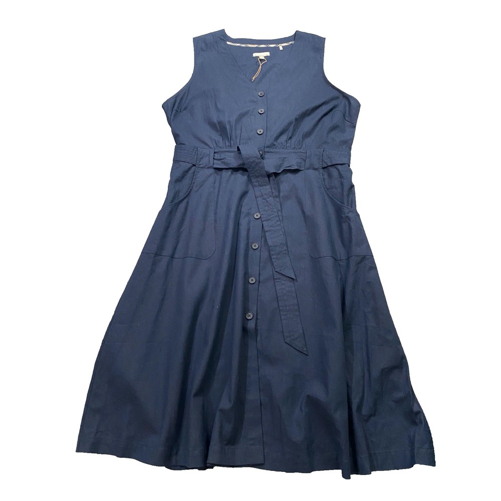 Barbour Womens 14 Rutherglen Dress Linen Blend Belted A-Line Midi Indigo